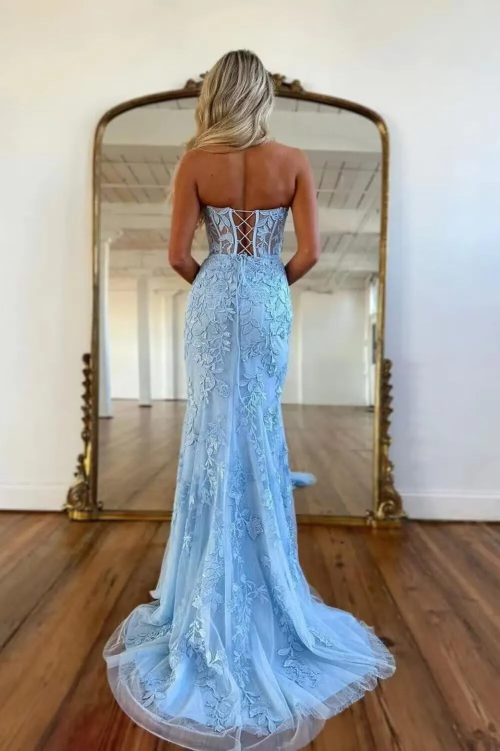 Elegant Lace Prom Dresses Long Strapless Corset Formal Evening Dress for Women Ball Gown Party RO119