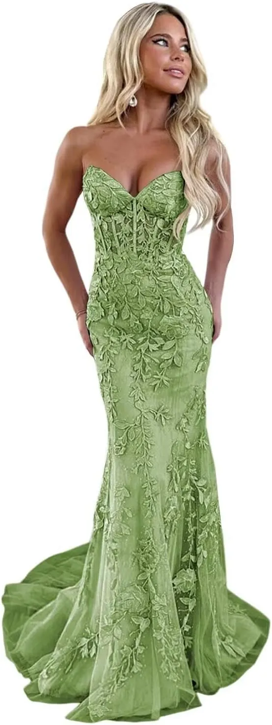 Elegant Lace Prom Dresses Long Strapless Corset Formal Evening Dress for Women Ball Gown Party RO119