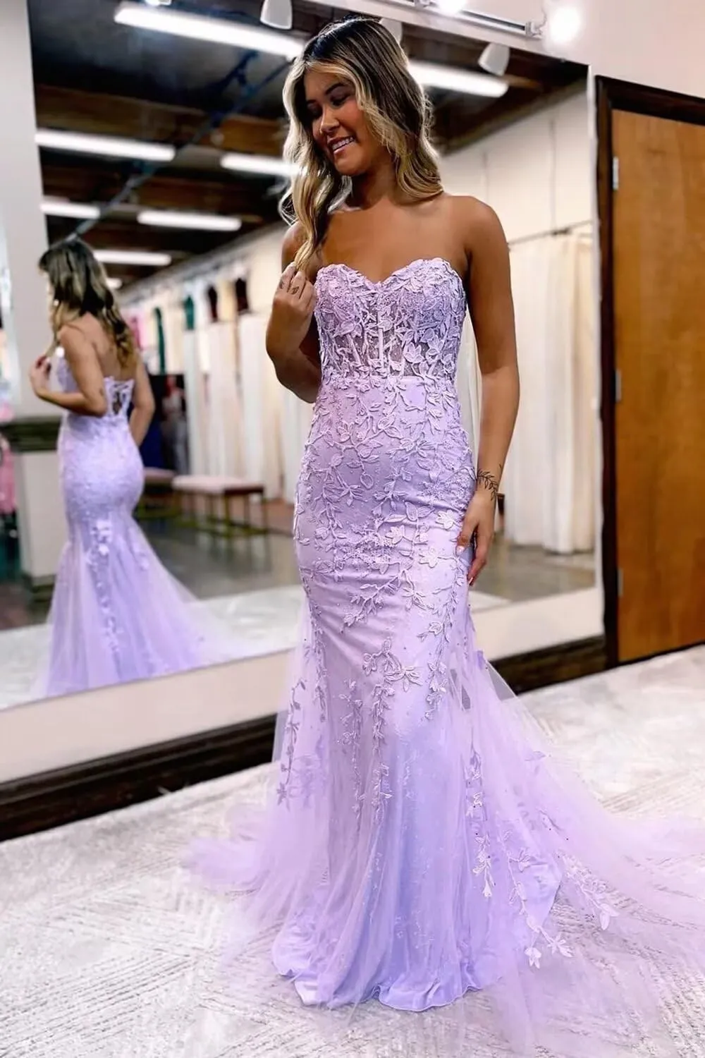 Elegant Lace Prom Dresses Long Strapless Corset Formal Evening Dress for Women Ball Gown Party RO119