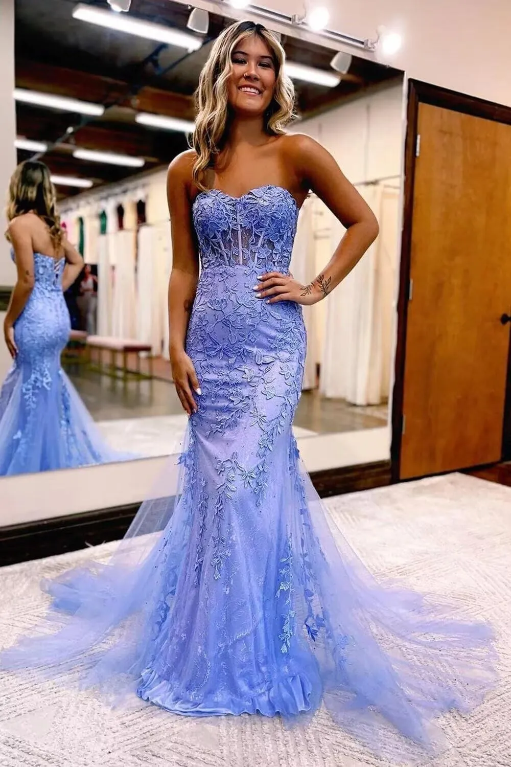 Elegant Lace Prom Dresses Long Strapless Corset Formal Evening Dress for Women Ball Gown Party RO119