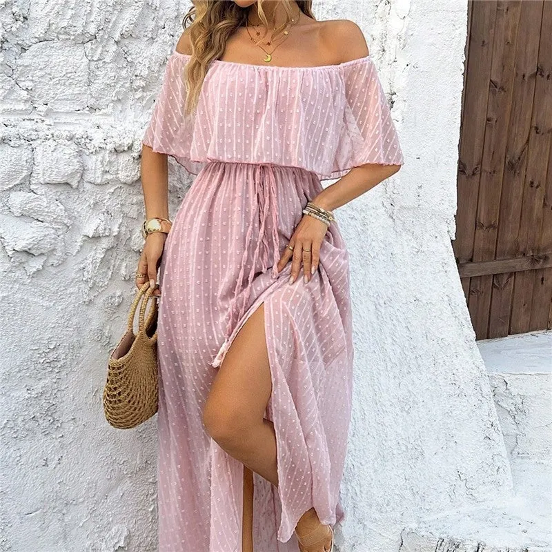 Elegant Solid Color Off-Shoulder Slit Dress