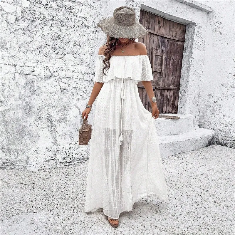 Elegant Solid Color Off-Shoulder Slit Dress