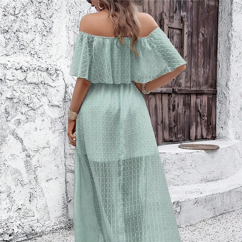 Elegant Solid Color Off-Shoulder Slit Dress