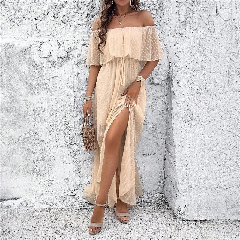 Elegant Solid Color Off-Shoulder Slit Dress