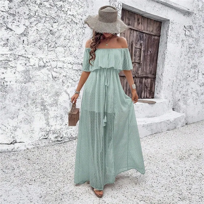 Elegant Solid Color Off-Shoulder Slit Dress