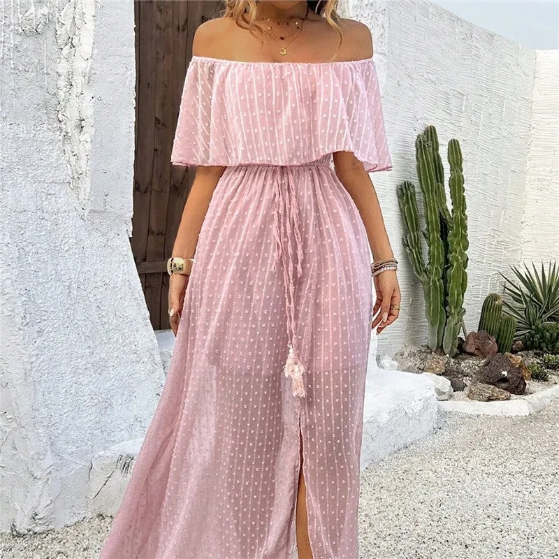 Elegant Solid Color Off-Shoulder Slit Dress