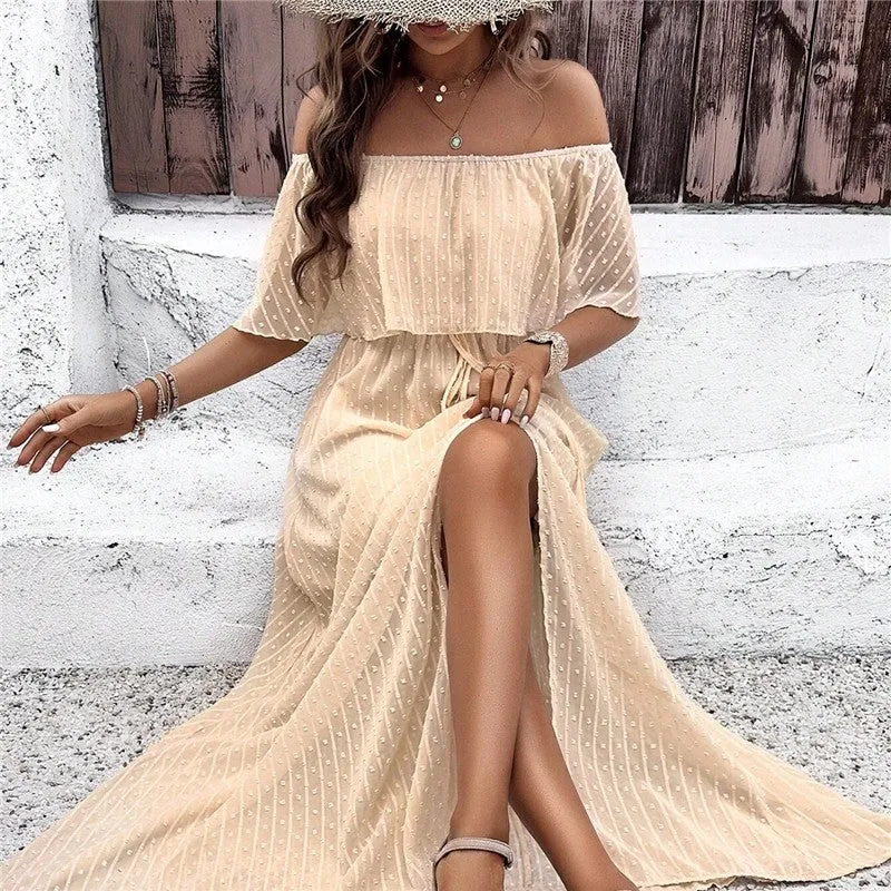 Elegant Solid Color Off-Shoulder Slit Dress