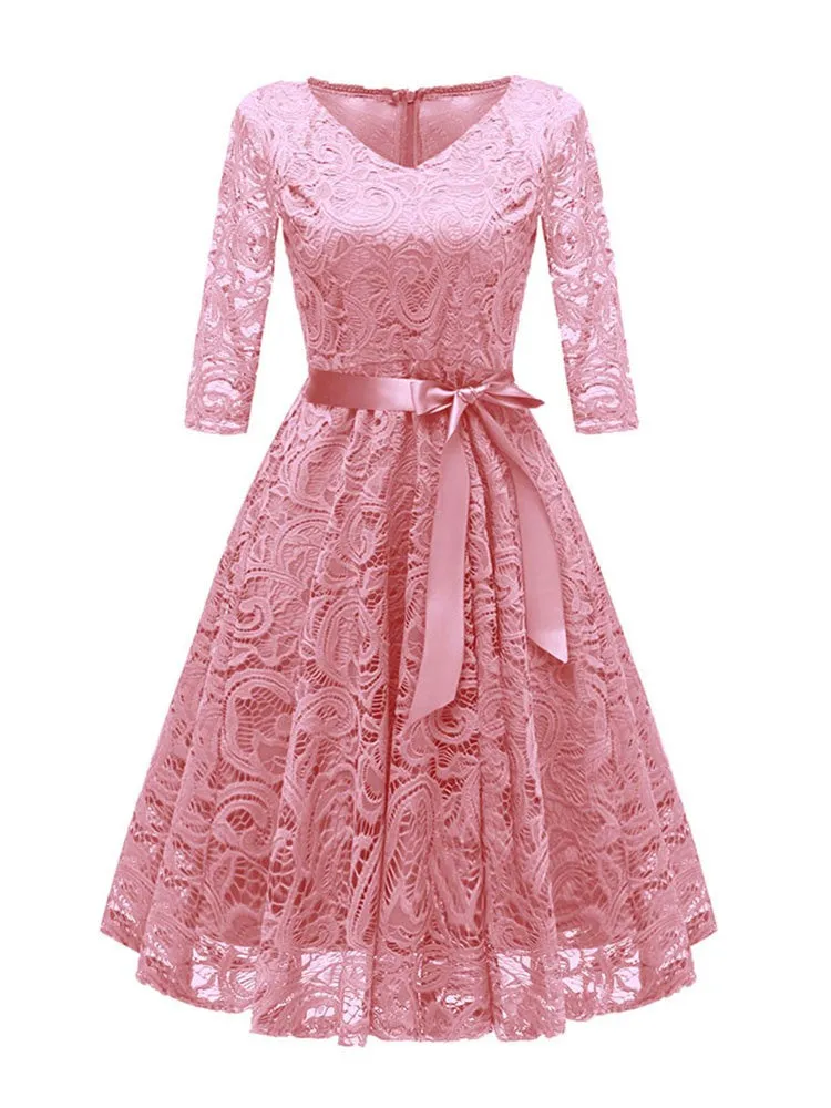 Elegant  V-neck Lace Evening Party Swing Dress
