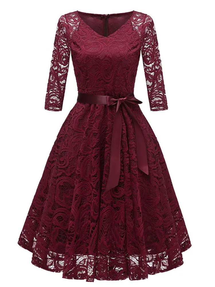 Elegant  V-neck Lace Evening Party Swing Dress