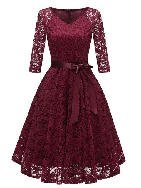 Elegant  V-neck Lace Evening Party Swing Dress