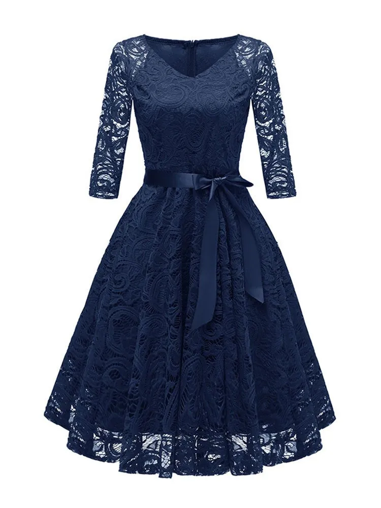 Elegant  V-neck Lace Evening Party Swing Dress