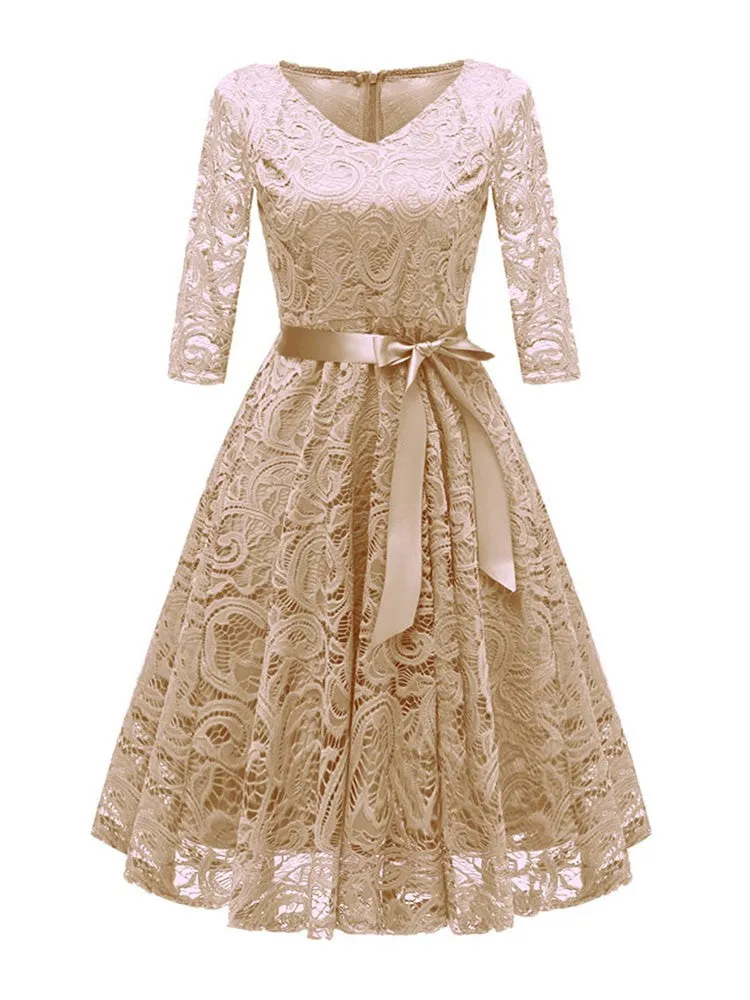 Elegant  V-neck Lace Evening Party Swing Dress