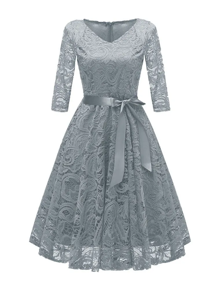 Elegant  V-neck Lace Evening Party Swing Dress