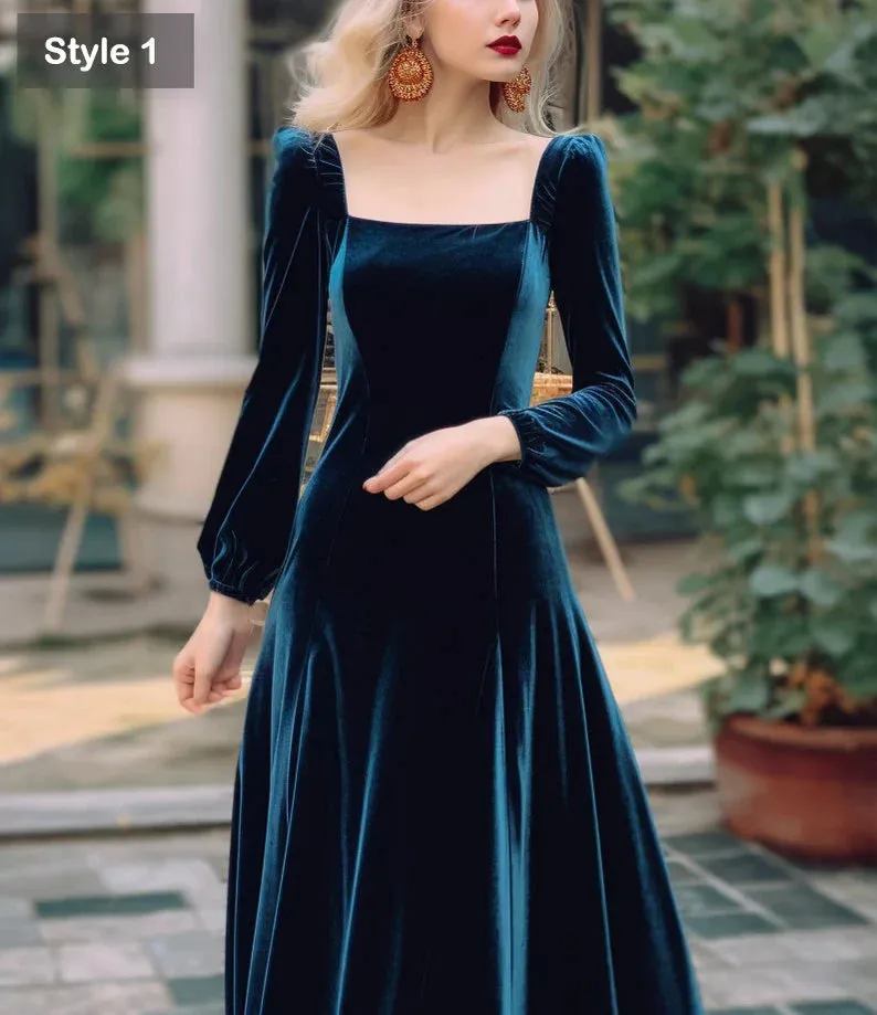 Elegant Velvet Dress Ruched Long Sleeve Formal Dress for Wedding Guest Bridesmaid or Evening Dress