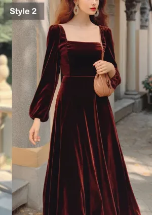 Elegant Velvet Dress Ruched Long Sleeve Formal Dress for Wedding Guest Bridesmaid or Evening Dress