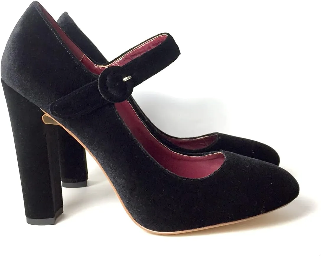 Elegant Women's Mary Jane Shoes Round Toe High Heels Pumps Block Heel Buckle Strap Black Vevlet for Ladies Party Work & Career