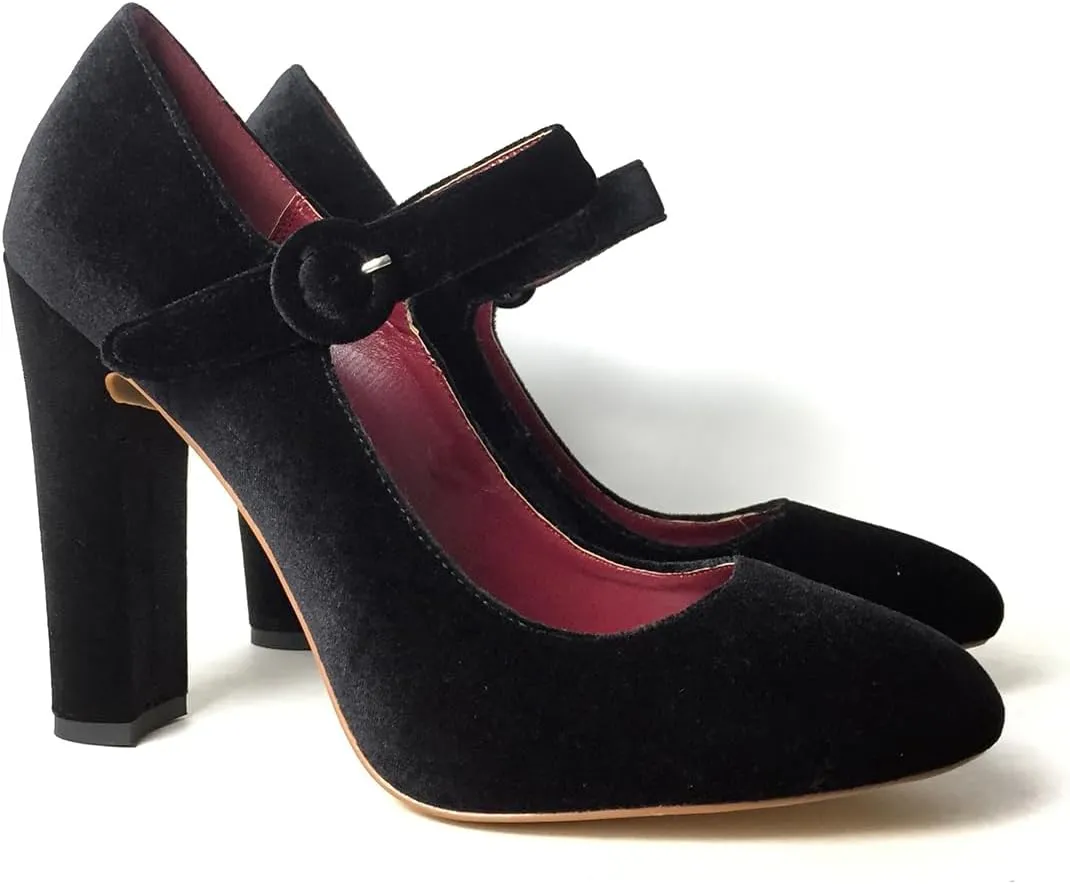 Elegant Women's Mary Jane Shoes Round Toe High Heels Pumps Block Heel Buckle Strap Black Vevlet for Ladies Party Work & Career