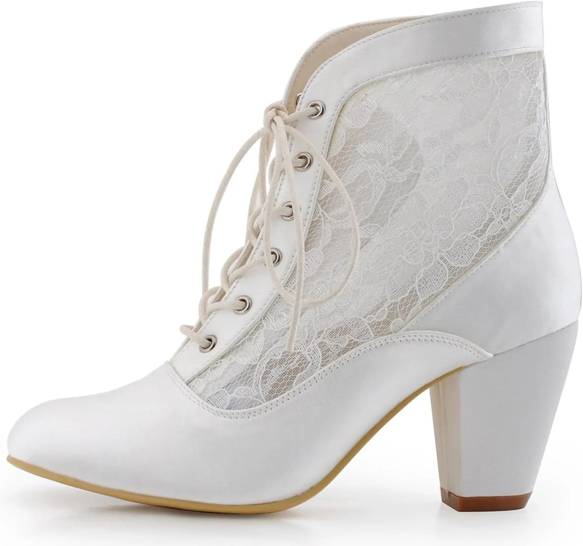 ELEGANTPARK Boots for Women Closed Toe Wedding Shoes for Bride Chunky Heel Lace Up Satin Lace Wedding Bridal Boots