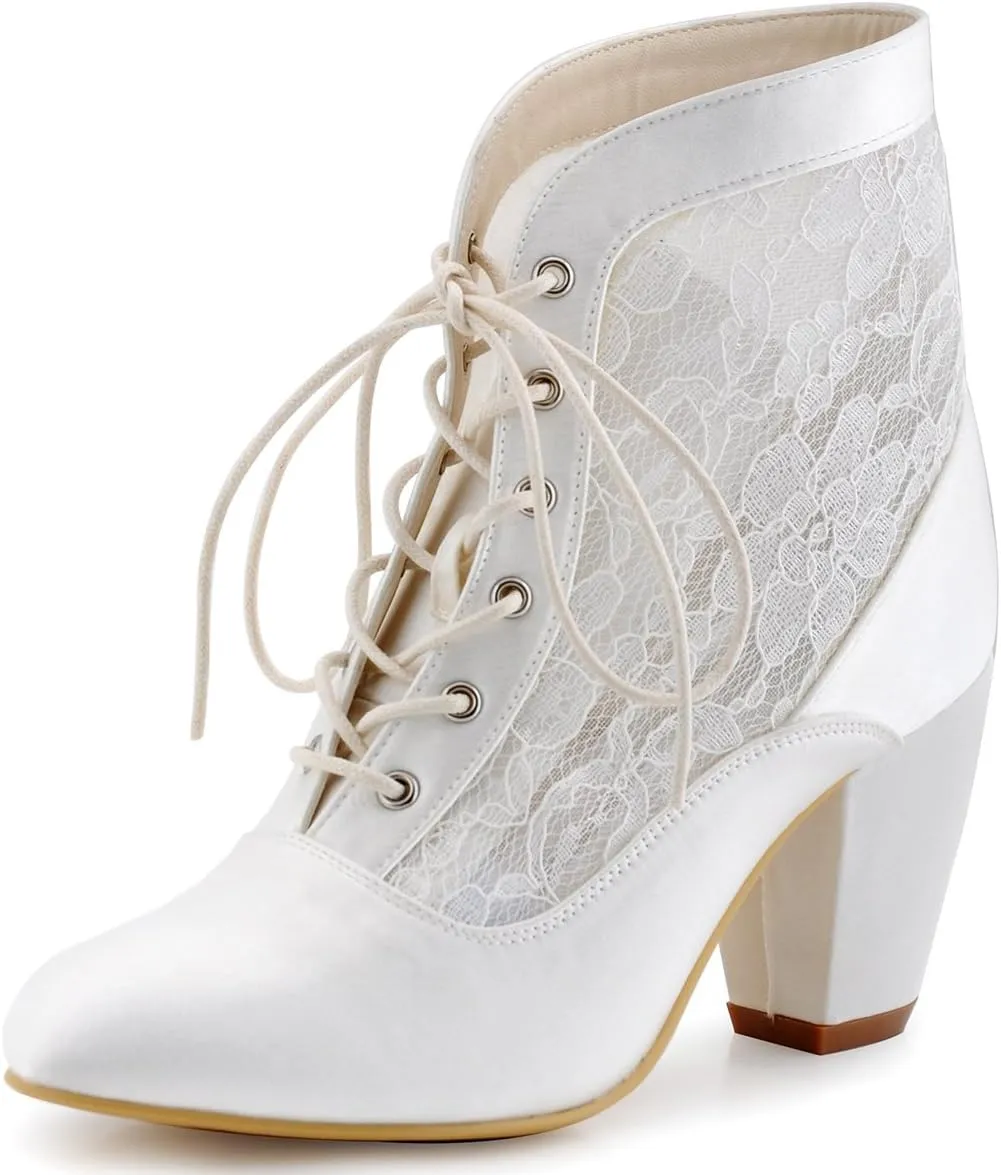 ELEGANTPARK Boots for Women Closed Toe Wedding Shoes for Bride Chunky Heel Lace Up Satin Lace Wedding Bridal Boots