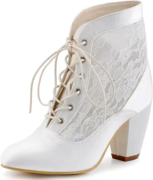 ELEGANTPARK Boots for Women Closed Toe Wedding Shoes for Bride Chunky Heel Lace Up Satin Lace Wedding Bridal Boots