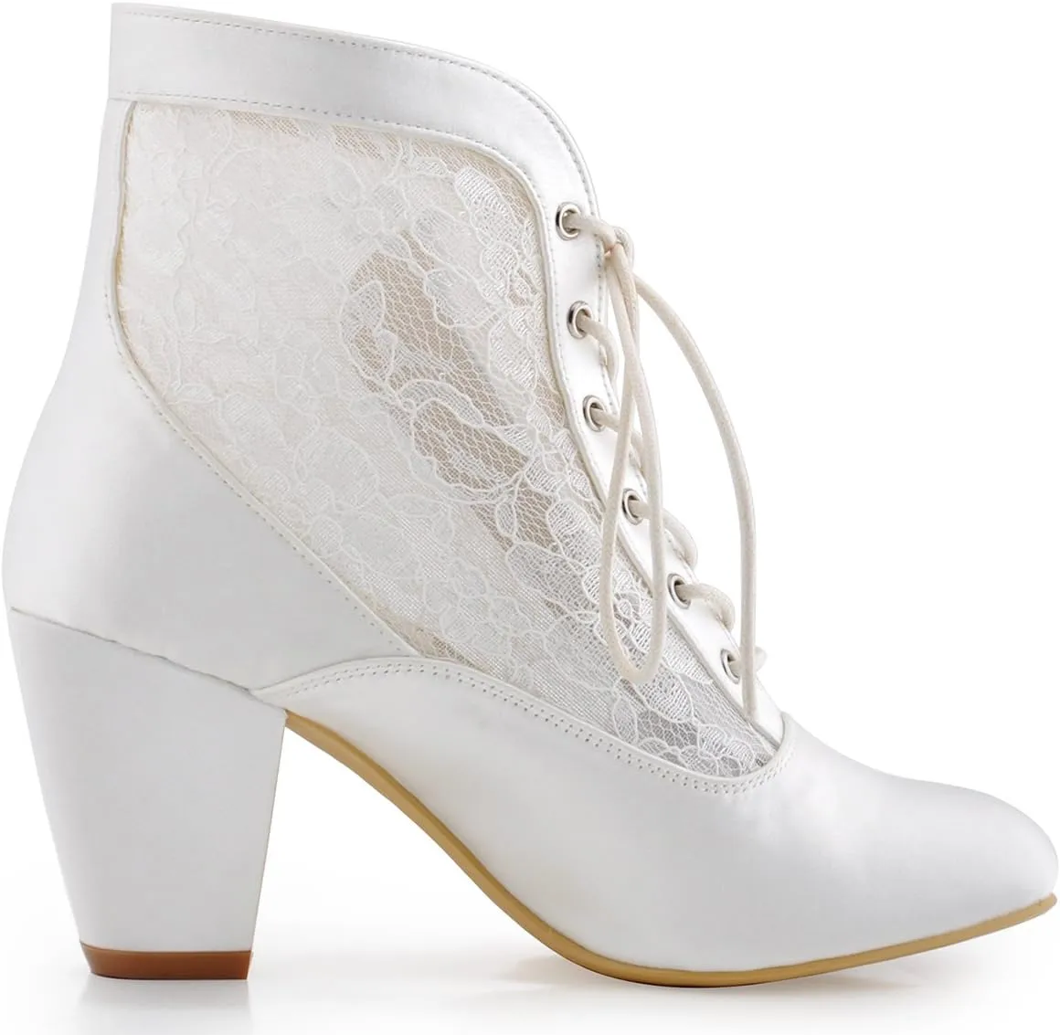 ELEGANTPARK Boots for Women Closed Toe Wedding Shoes for Bride Chunky Heel Lace Up Satin Lace Wedding Bridal Boots