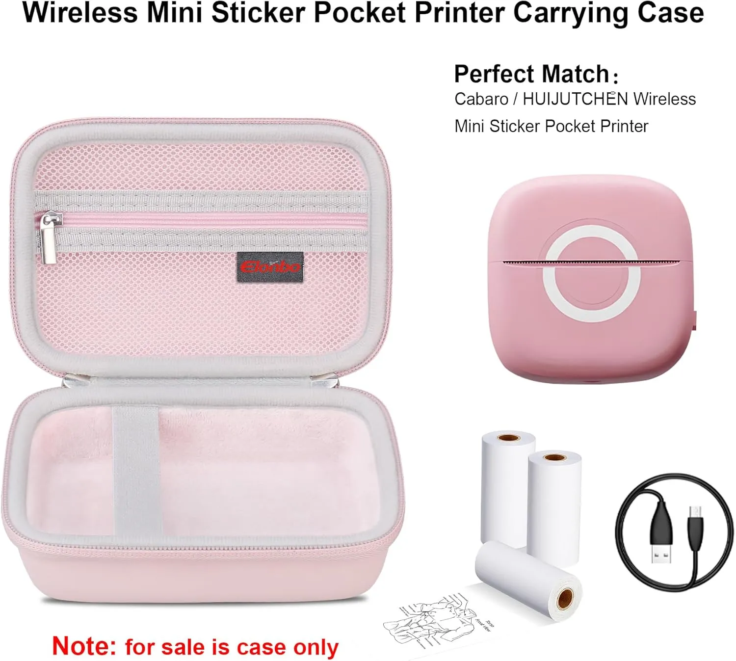 Elonbo Carrying Case Compatible with HUIJUTCHEN/Cabaro Wireless Mini Sticker Pocket Printer, Bluetooth Smart Portable Receipt Photo Printer Travel Bag, Inkless Thermal Printer Storage Holder, Pink