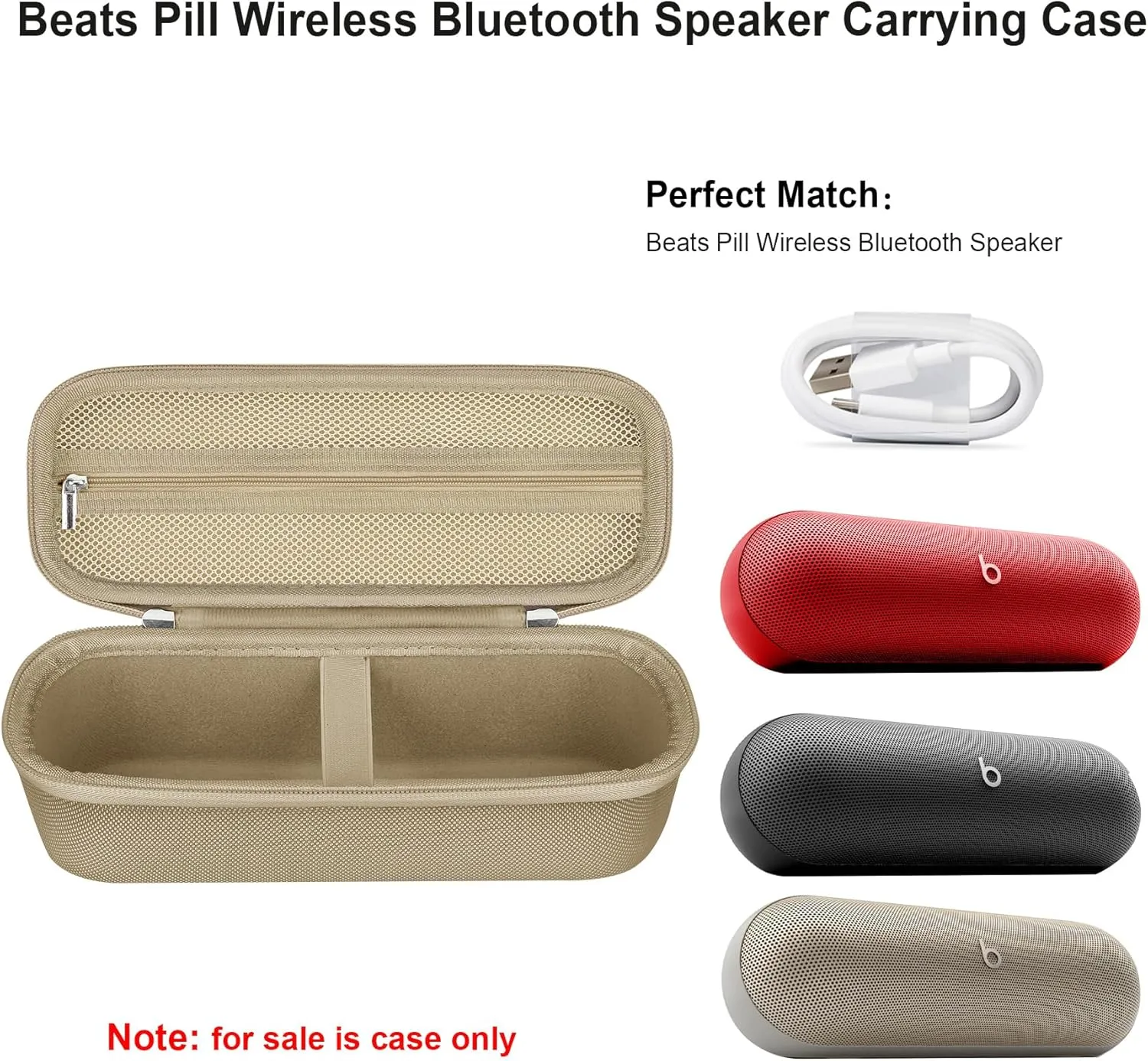 Elonbo Carrying Case ​for Beats Pill (2024 Release)-Portable Bluetooth Speaker, Beats Pill Speaker Travel Bag Storage Holder, Mesh Pocket Fits Charger, Champagne Gold