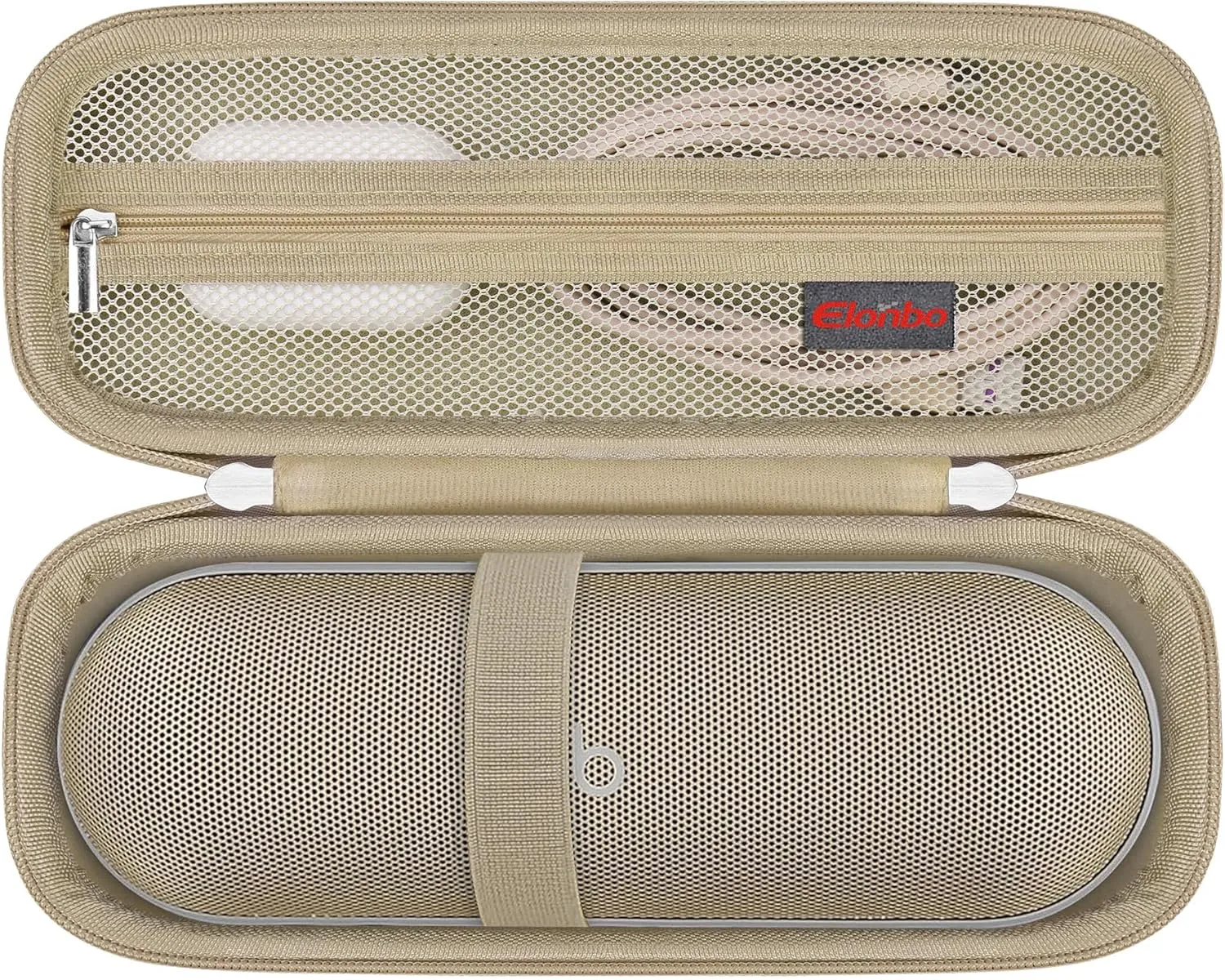 Elonbo Carrying Case ​for Beats Pill (2024 Release)-Portable Bluetooth Speaker, Beats Pill Speaker Travel Bag Storage Holder, Mesh Pocket Fits Charger, Champagne Gold