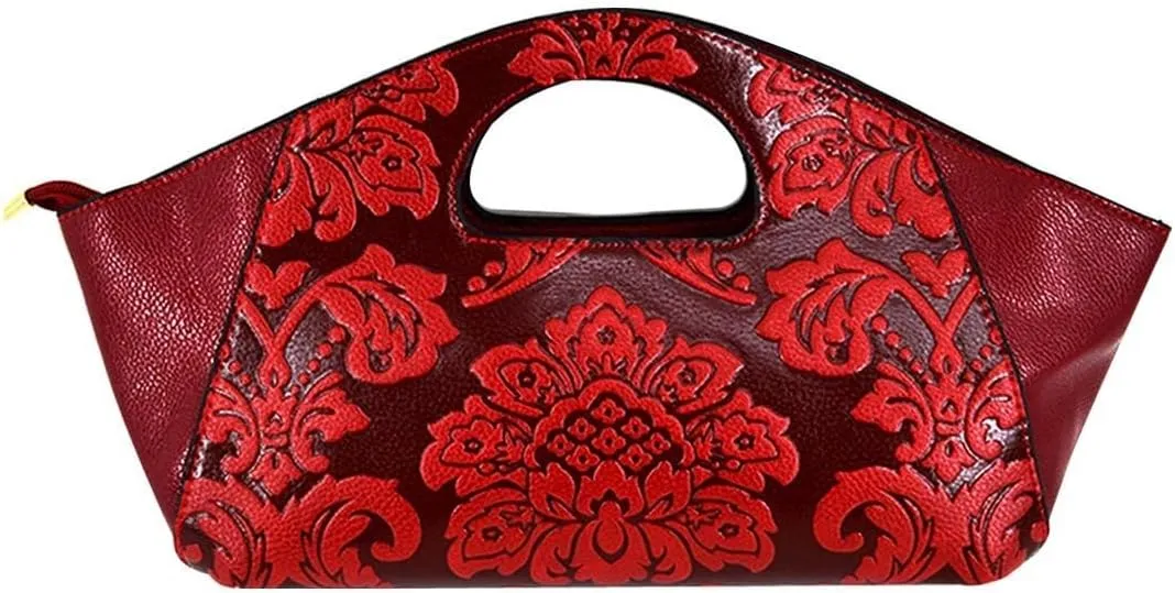 Embossing Floral Handbag Satchel Purse with Removable Strap Brown Womens Retro Shoulder Crossbody Tote