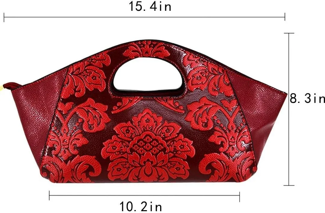 Embossing Floral Handbag Satchel Purse with Removable Strap Brown Womens Retro Shoulder Crossbody Tote