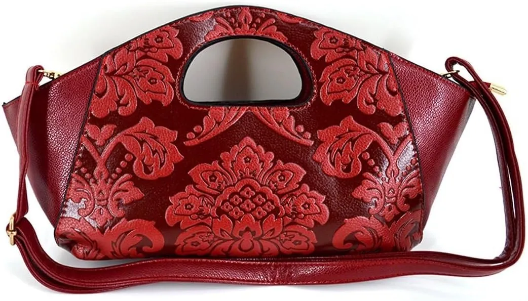 Embossing Floral Handbag Satchel Purse with Removable Strap Brown Womens Retro Shoulder Crossbody Tote