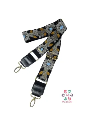 Embroidered bag strap, camera strap, adjustable bag, shoulder bag, peruvian handmade, black belt, gray flower, ethnic, boho, gift for her