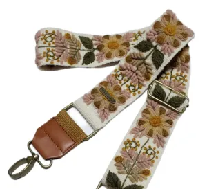 Embroidered bag strap, camera strap, adjustable bag, shoulder bag, peruvian handmade, ivory belt, beige flower, ethnic, boho, gift for her