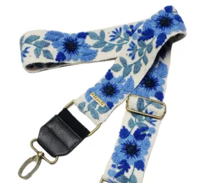 Embroidered bag strap, camera strap, adjustable bag, shoulder bag, peruvian handmade, ivory belt, blue flower, ethnic, boho, gift for her