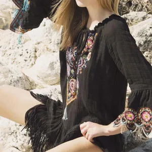 Embroidered Global express Mini Dress Black Tasseled Wireless