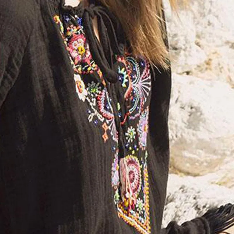 Embroidered Global express Mini Dress Black Tasseled Wireless