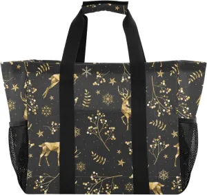 Emelivor Reindeer Branches Black Large Tote Bag Canvas Travel Beach Tote Bag Shoulder Grocery Bags Foldable Handbags PoolBag for Women Men Daily Shopping Gym Work