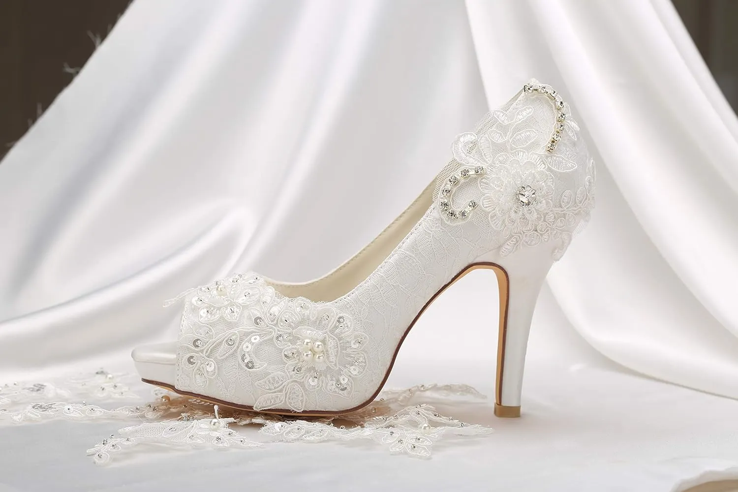 Emily Brida Lace Wedding Shoes Ivory Lace Peep Toe High Heel Bridal Shoes