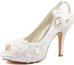 Emily Brida Lace Wedding Shoes Ivory Lace Peep Toe High Heel Bridal Shoes