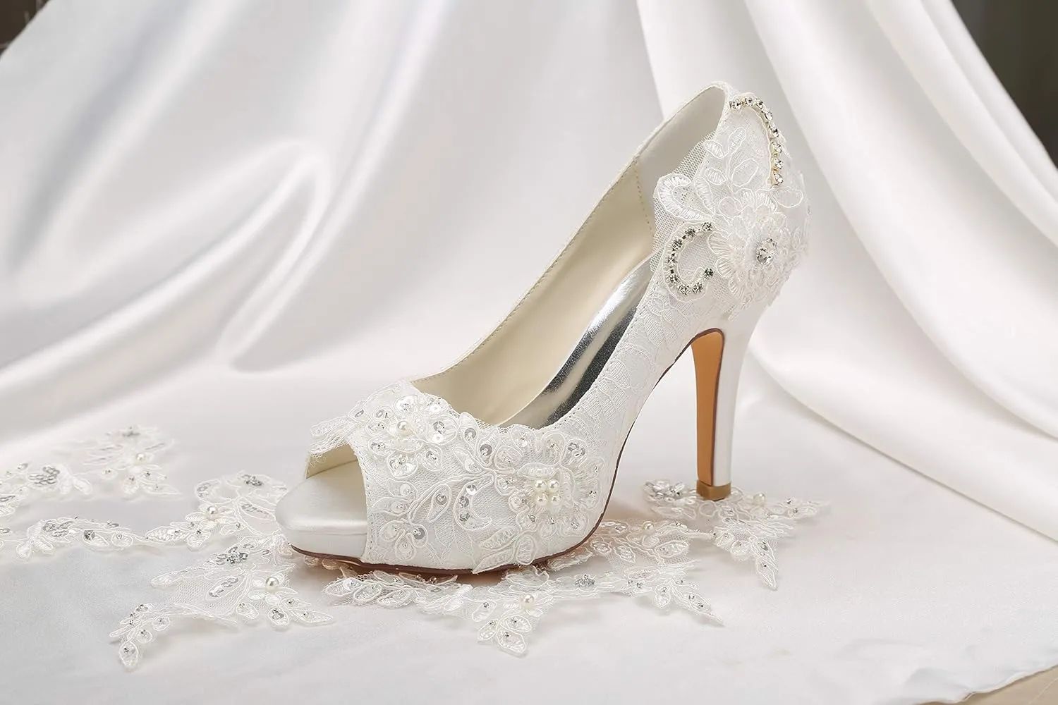 Emily Brida Lace Wedding Shoes Ivory Lace Peep Toe High Heel Bridal Shoes