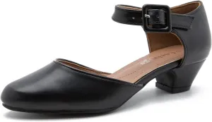 Enelauge Women's Ankle Strap Closed Toe Low Chunky Heel Dress Work Pumps