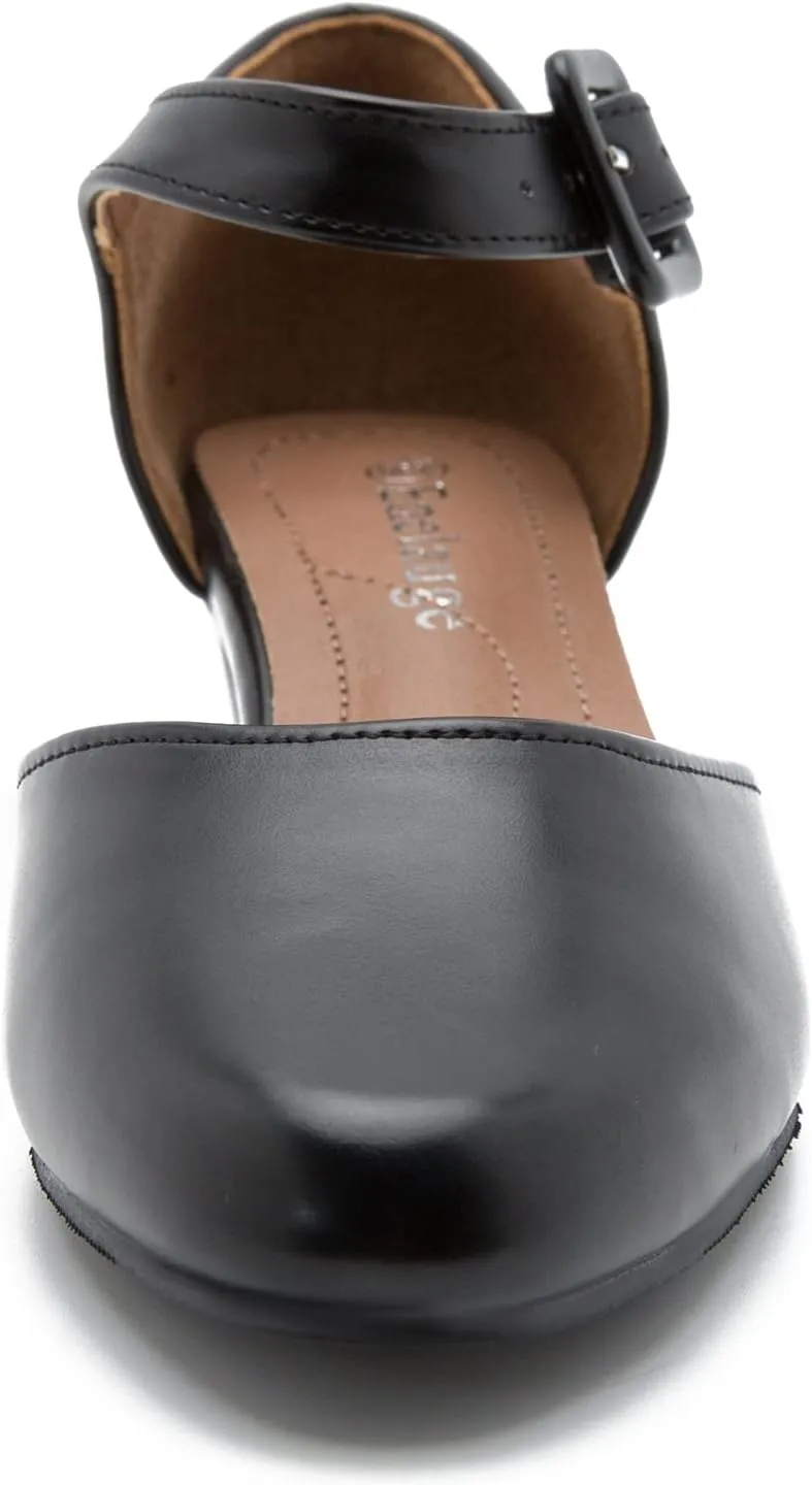 Enelauge Women's Ankle Strap Closed Toe Low Chunky Heel Dress Work Pumps