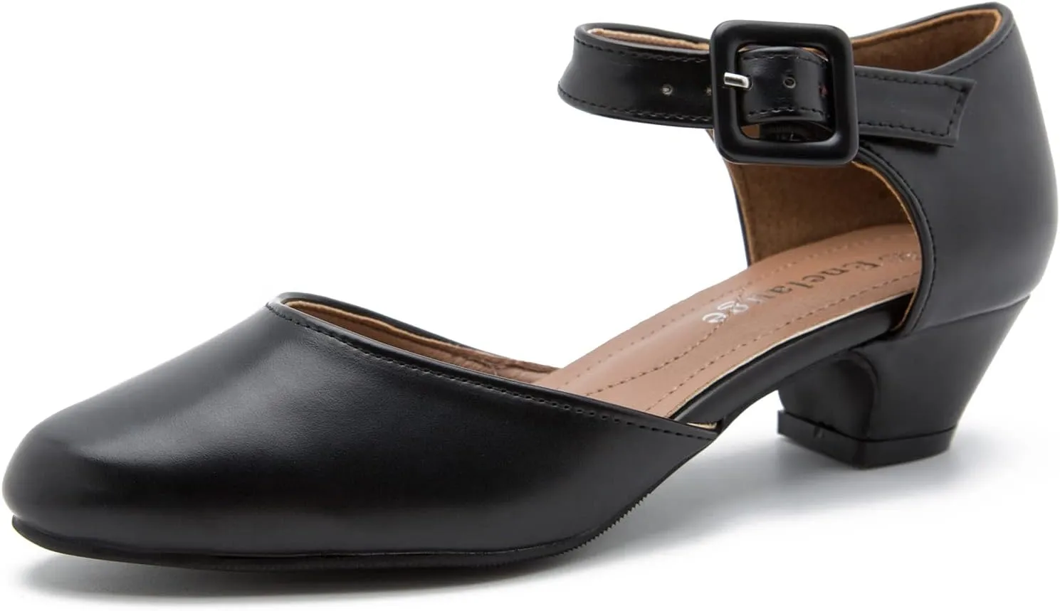Enelauge Women's Ankle Strap Closed Toe Low Chunky Heel Dress Work Pumps