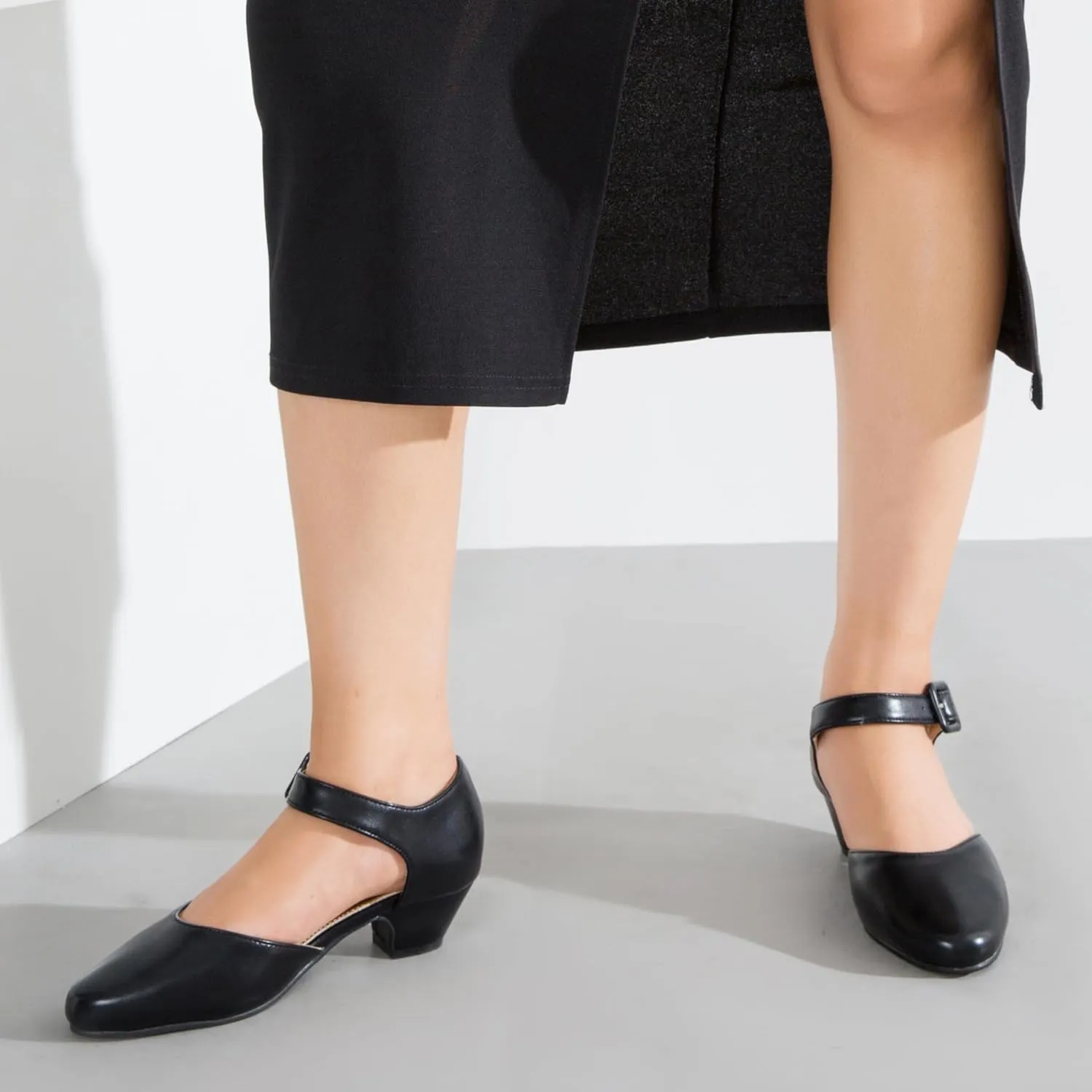 Enelauge Women's Closed Toe Low Block Heels Ankle Buckle Strap D'Orsay Pumps Comfortable Chunky Heel Dress Work Church Shoes