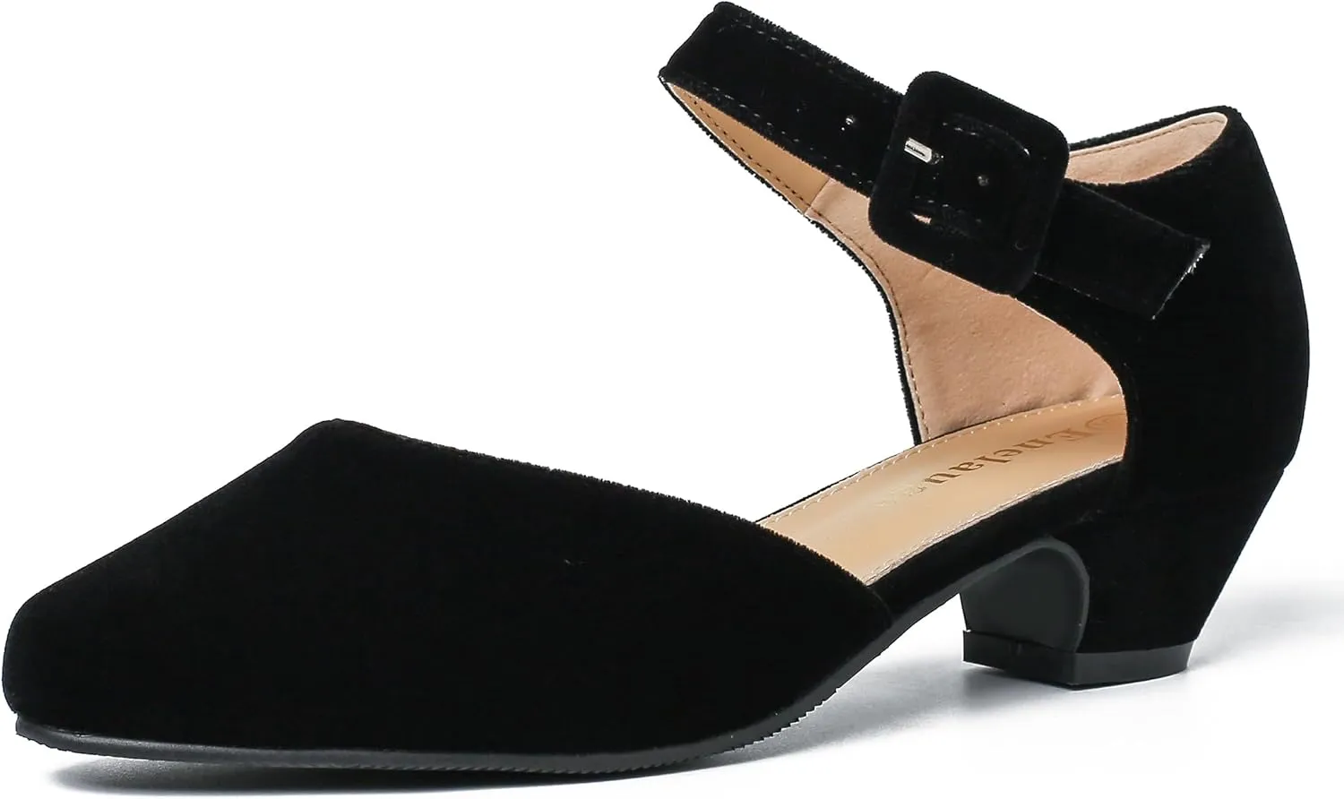 Enelauge Women's Closed Toe Low Block Heels Ankle Buckle Strap D'Orsay Pumps Comfortable Chunky Heel Dress Work Church Shoes