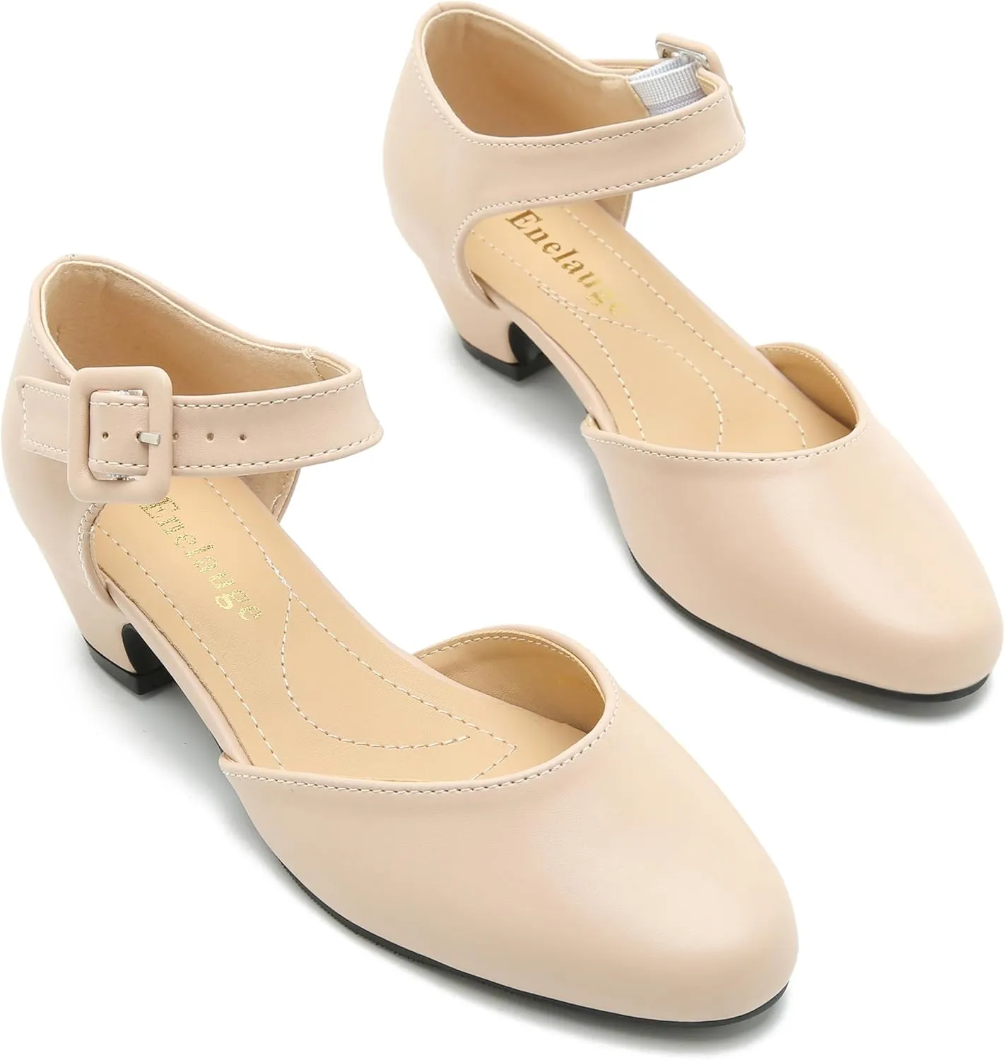 Enelauge Women's Closed Toe Low Block Heels Ankle Buckle Strap D'Orsay Pumps Comfortable Chunky Heel Dress Work Church Shoes