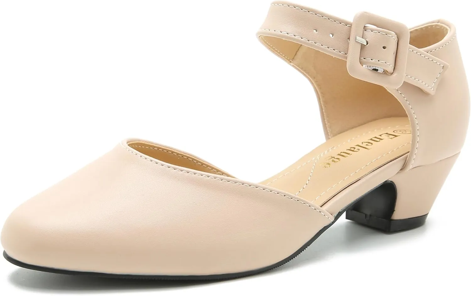 Enelauge Women's Closed Toe Low Block Heels Ankle Buckle Strap D'Orsay Pumps Comfortable Chunky Heel Dress Work Church Shoes