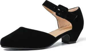 Enelauge Women's Closed Toe Low Block Heels Ankle Buckle Strap D'Orsay Pumps Comfortable Chunky Heel Dress Work Church Shoes