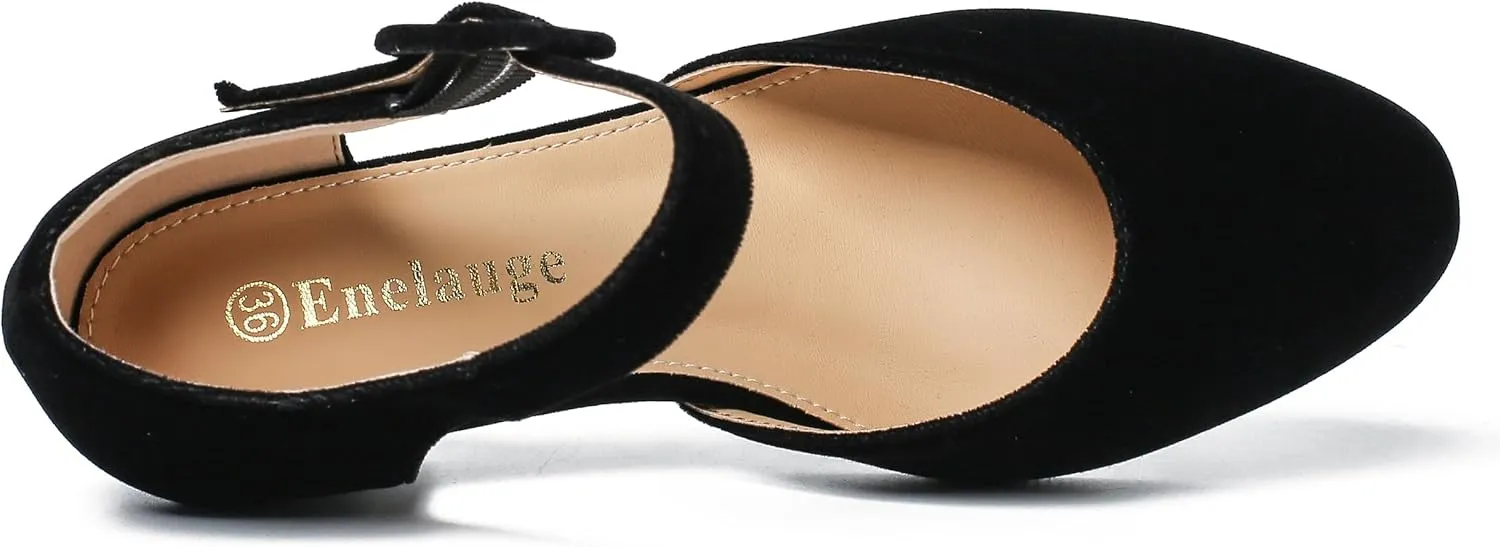 Enelauge Women's Closed Toe Low Block Heels Ankle Buckle Strap D'Orsay Pumps Comfortable Chunky Heel Dress Work Church Shoes