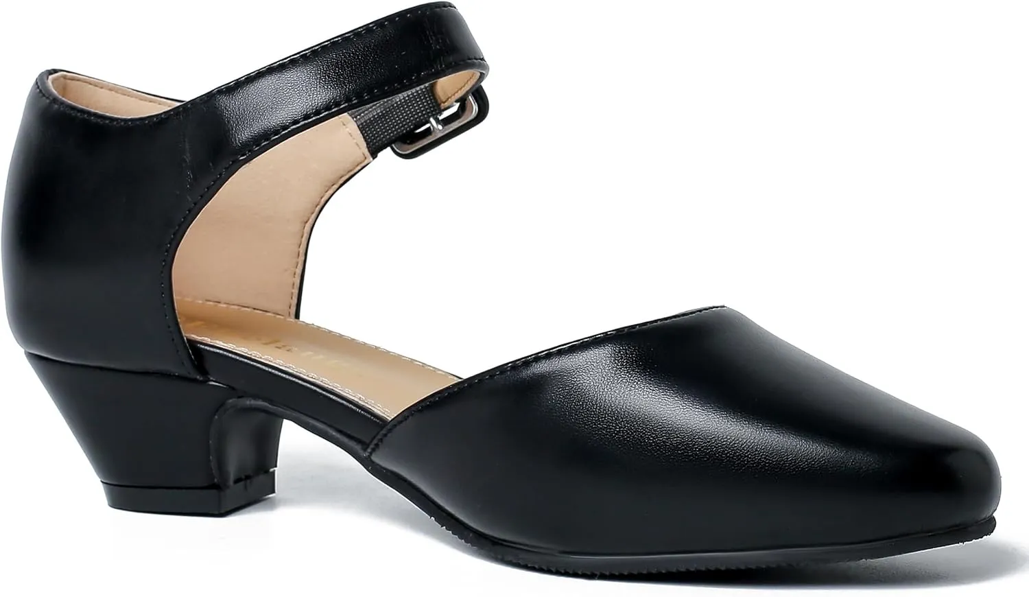 Enelauge Women's Closed Toe Low Block Heels Ankle Buckle Strap D'Orsay Pumps Comfortable Chunky Heel Dress Work Church Shoes